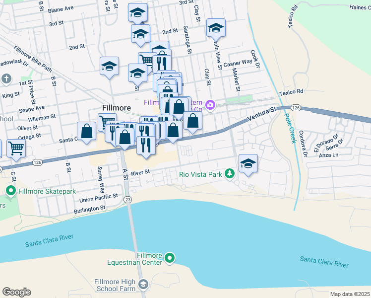 map of restaurants, bars, coffee shops, grocery stores, and more near 460 West Telegraph Road in Fillmore