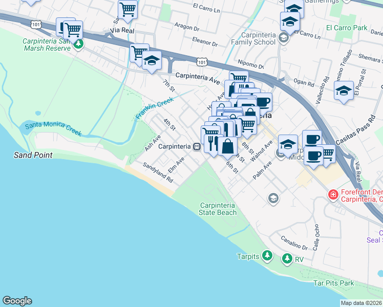 map of restaurants, bars, coffee shops, grocery stores, and more near 4900 Dorrance Way in Carpinteria