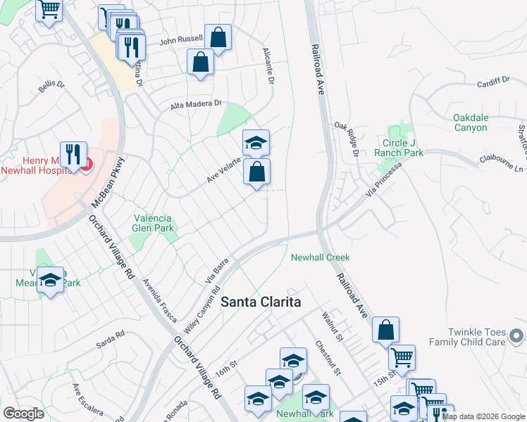 map of restaurants, bars, coffee shops, grocery stores, and more near 25339 Vía Dona Christa in Santa Clarita