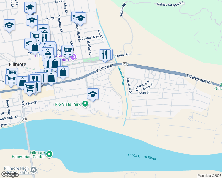 map of restaurants, bars, coffee shops, grocery stores, and more near 155 Clearwood Street in Fillmore