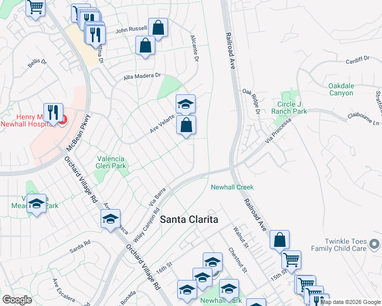 map of restaurants, bars, coffee shops, grocery stores, and more near 25339 Vía Dona Christa in Santa Clarita