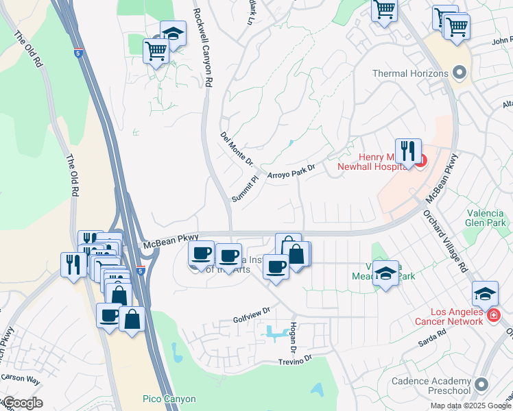 map of restaurants, bars, coffee shops, grocery stores, and more near 26050 Tourelle Place in Santa Clarita