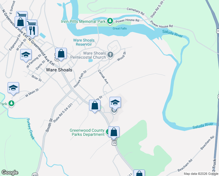 map of restaurants, bars, coffee shops, grocery stores, and more near 15 Camak Avenue in Ware Shoals