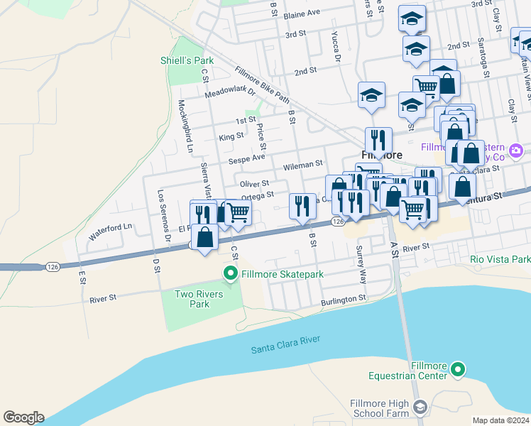 map of restaurants, bars, coffee shops, grocery stores, and more near 232 Village Square in Fillmore