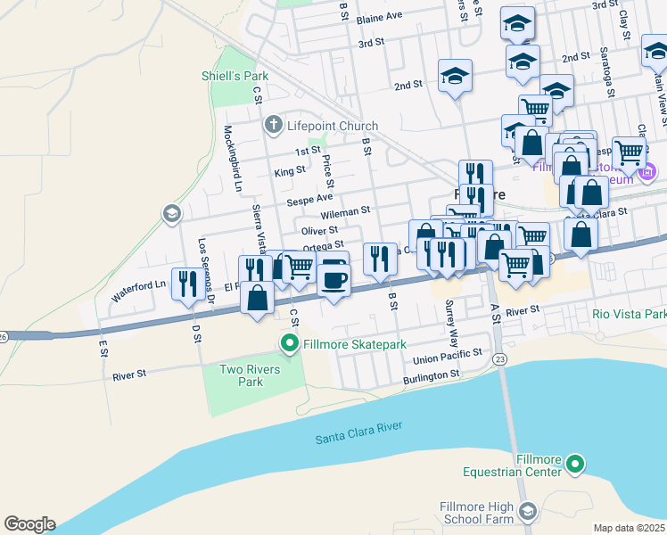 map of restaurants, bars, coffee shops, grocery stores, and more near 232 Village Square in Fillmore