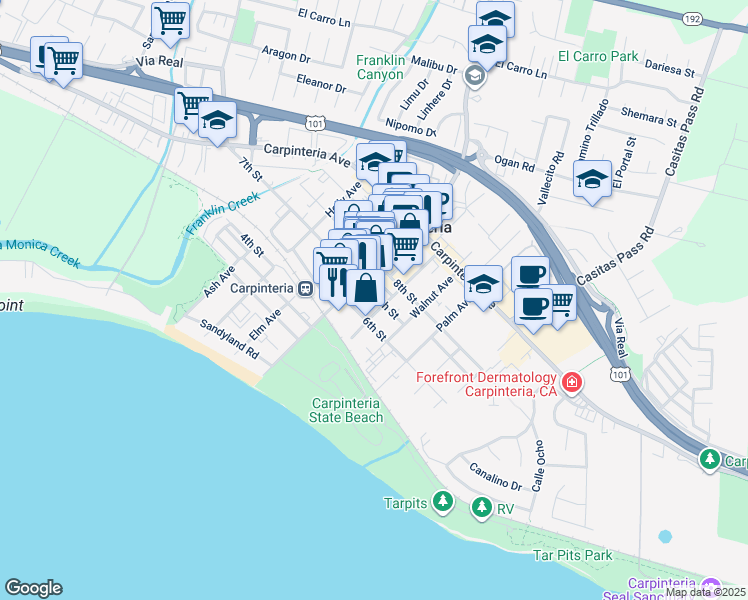 map of restaurants, bars, coffee shops, grocery stores, and more near 5061 7th Street in Carpinteria