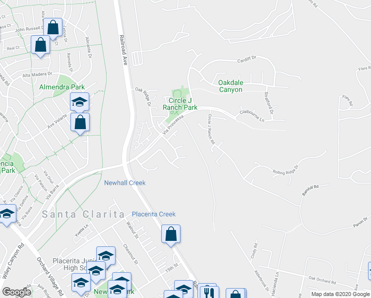 map of restaurants, bars, coffee shops, grocery stores, and more near 22600 Vasquez Rock Court in Santa Clarita