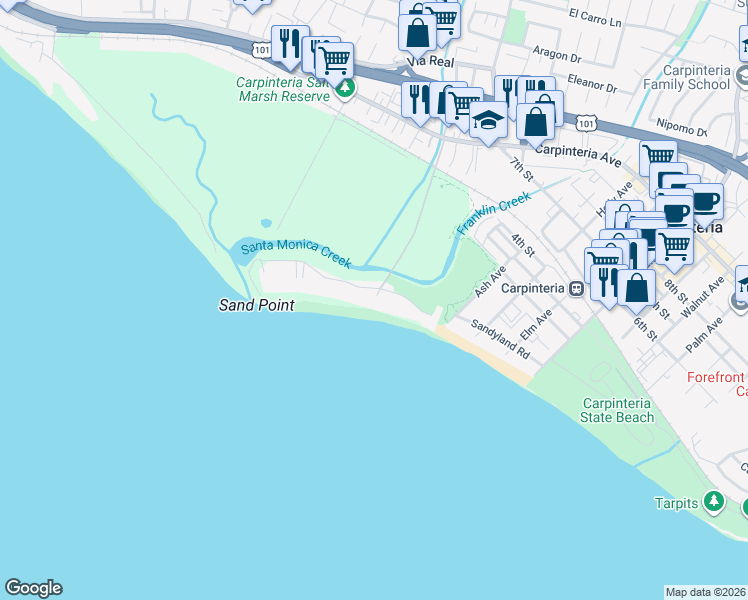 map of restaurants, bars, coffee shops, grocery stores, and more near 4459 Del Mar Avenue in Carpinteria