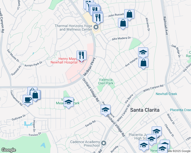 map of restaurants, bars, coffee shops, grocery stores, and more near 23788 Vía Irana in Santa Clarita