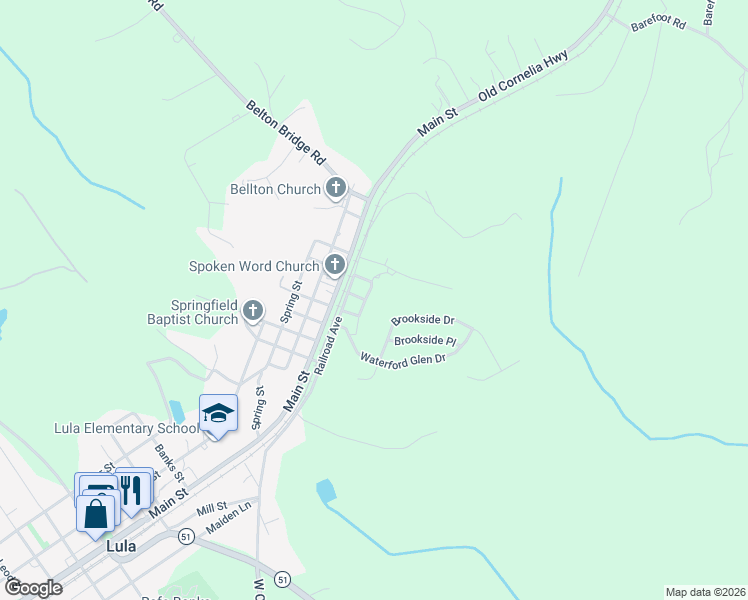 map of restaurants, bars, coffee shops, grocery stores, and more near 119 Hampton Street in Lula