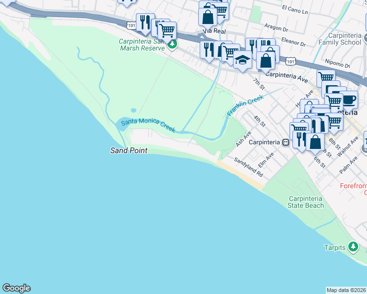 map of restaurants, bars, coffee shops, grocery stores, and more near 4459 Del Mar Avenue in Carpinteria