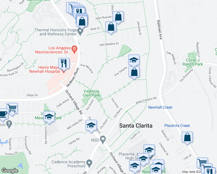 map of restaurants, bars, coffee shops, grocery stores, and more near 25435 Vía Pacifica in Santa Clarita