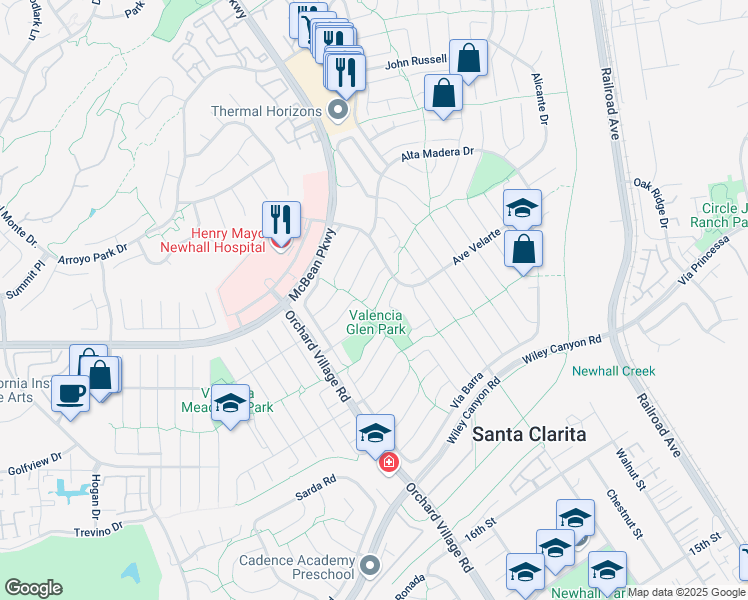 map of restaurants, bars, coffee shops, grocery stores, and more near 23686 Vía Maduro in Santa Clarita