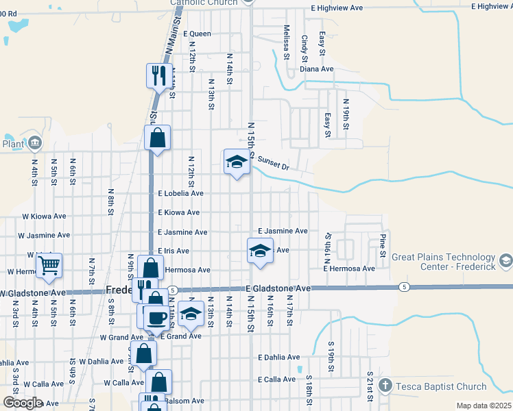 map of restaurants, bars, coffee shops, grocery stores, and more near 702 North 15th Street in Frederick