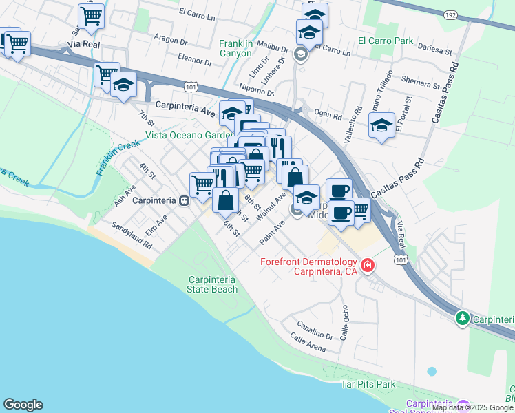 map of restaurants, bars, coffee shops, grocery stores, and more near 800 Maple Avenue in Carpinteria