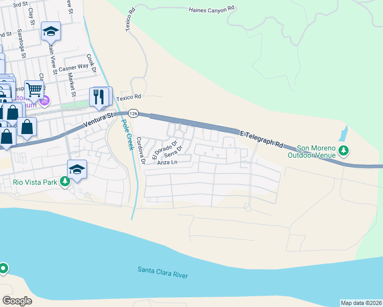 map of restaurants, bars, coffee shops, grocery stores, and more near 250 East Telegraph Road in Fillmore