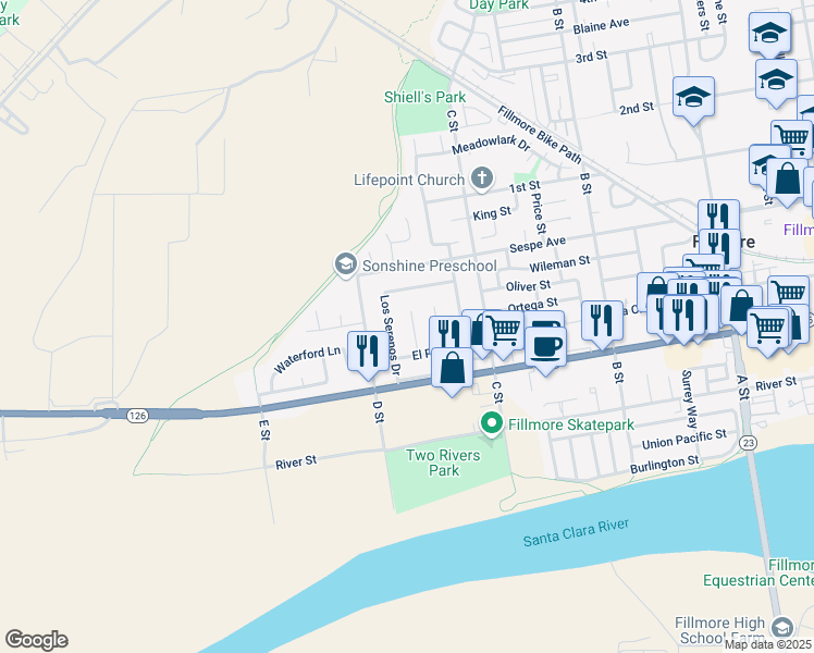 map of restaurants, bars, coffee shops, grocery stores, and more near 263 McNab Court in Fillmore