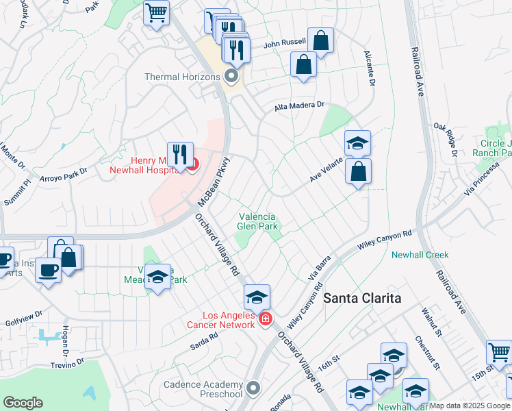map of restaurants, bars, coffee shops, grocery stores, and more near 23686 Vía Maduro in Santa Clarita