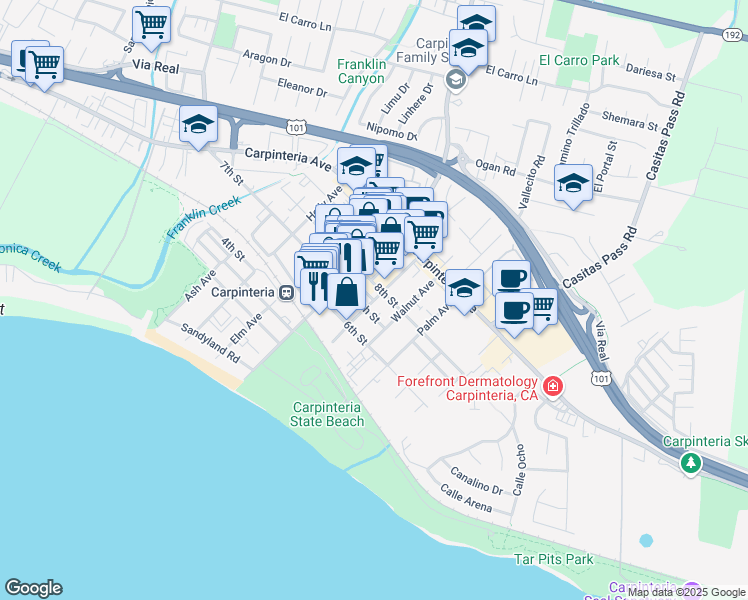 map of restaurants, bars, coffee shops, grocery stores, and more near 763 Maple Avenue in Carpinteria