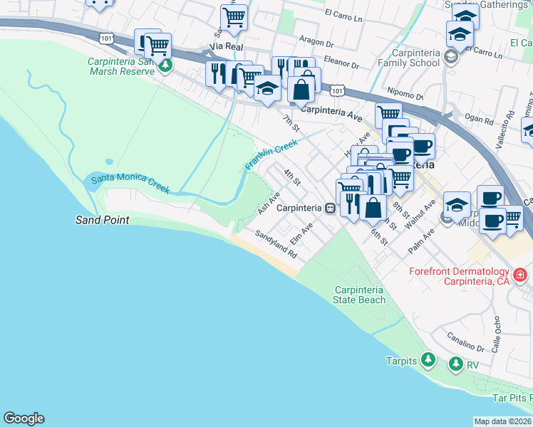 map of restaurants, bars, coffee shops, grocery stores, and more near in Carpinteria