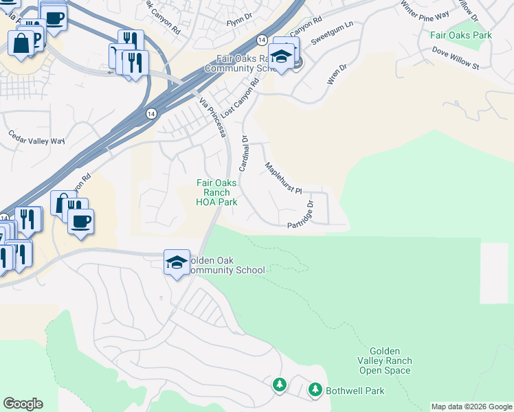 map of restaurants, bars, coffee shops, grocery stores, and more near 26404 Cardinal Drive in Santa Clarita