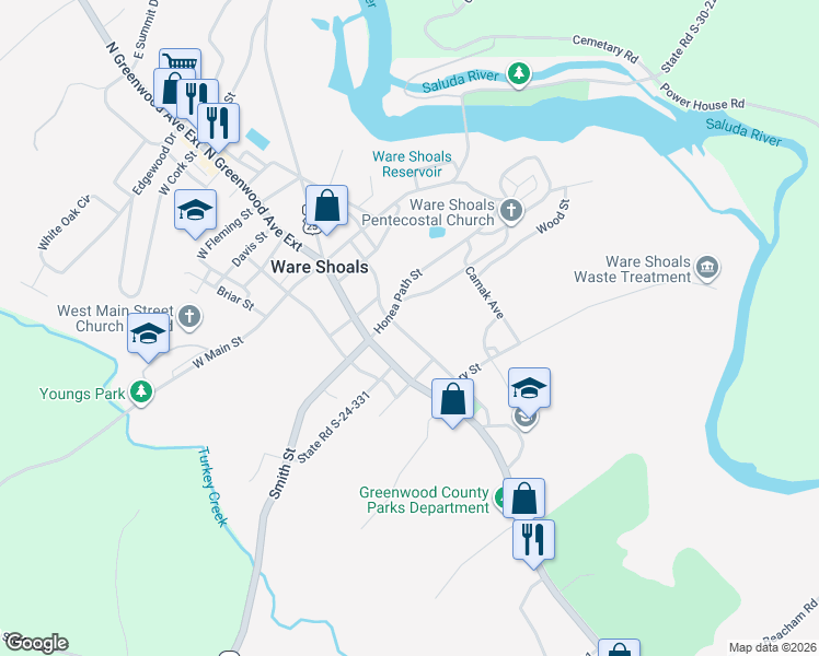 map of restaurants, bars, coffee shops, grocery stores, and more near 4 Sparks Avenue in Ware Shoals