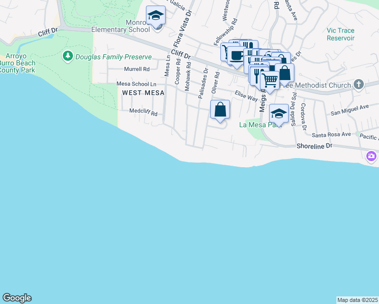 map of restaurants, bars, coffee shops, grocery stores, and more near 2201 Edgewater Way in Santa Barbara