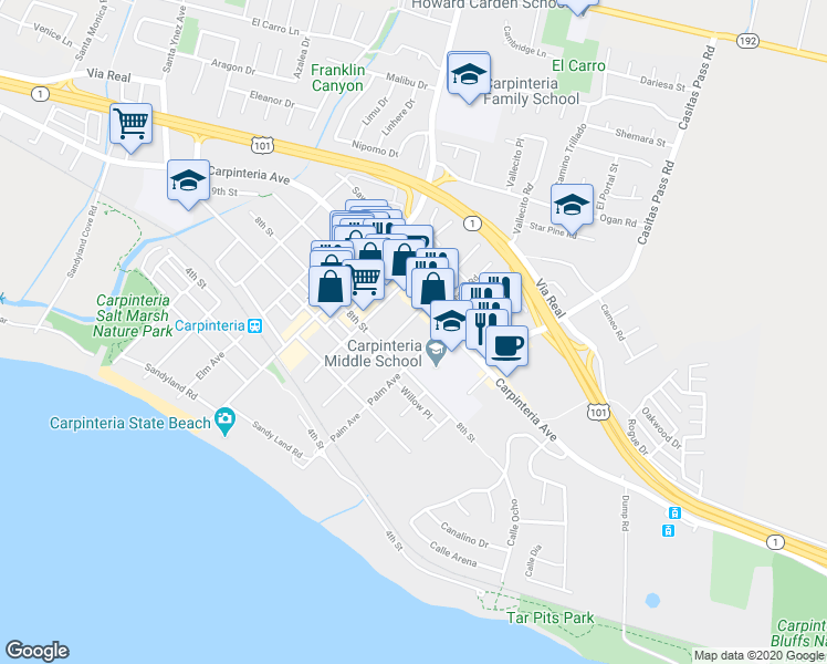 map of restaurants, bars, coffee shops, grocery stores, and more near 908 Walnut Avenue in Carpinteria