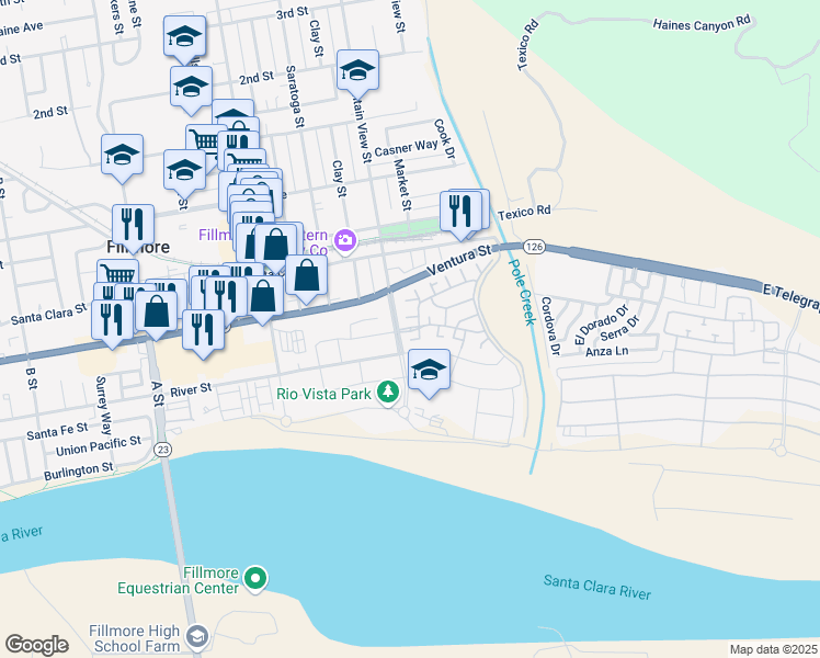 map of restaurants, bars, coffee shops, grocery stores, and more near 154 Cherrywood Street in Fillmore