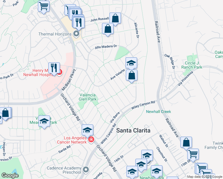 map of restaurants, bars, coffee shops, grocery stores, and more near 25427 Vía Labrada in Santa Clarita