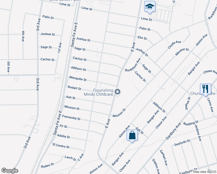 map of restaurants, bars, coffee shops, grocery stores, and more near 16637 Mesquite Street in Hesperia