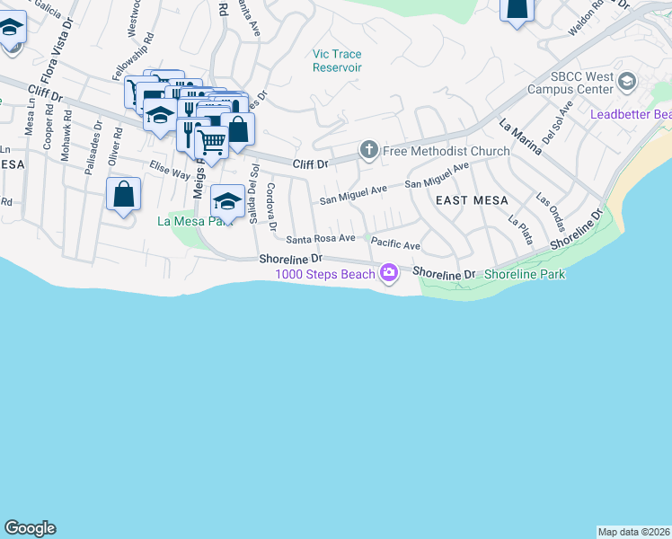 map of restaurants, bars, coffee shops, grocery stores, and more near 1553 Shoreline Drive in Santa Barbara