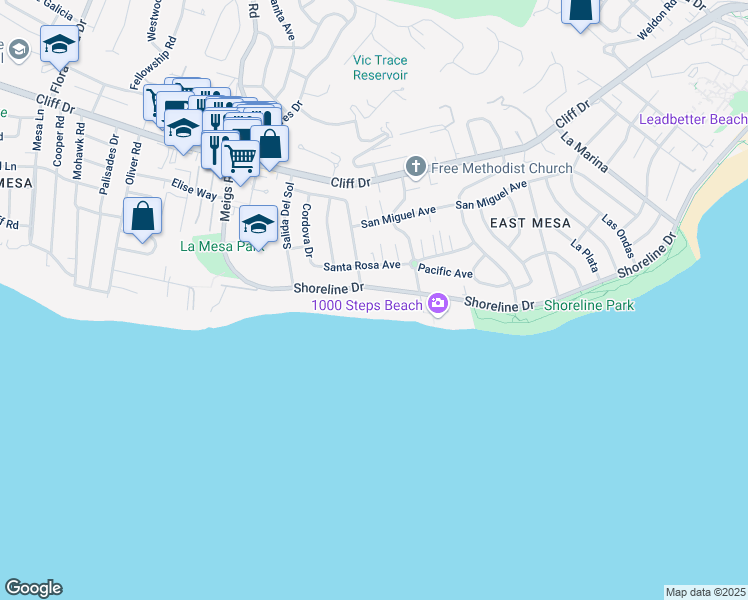 map of restaurants, bars, coffee shops, grocery stores, and more near 1553 Shoreline Drive in Santa Barbara
