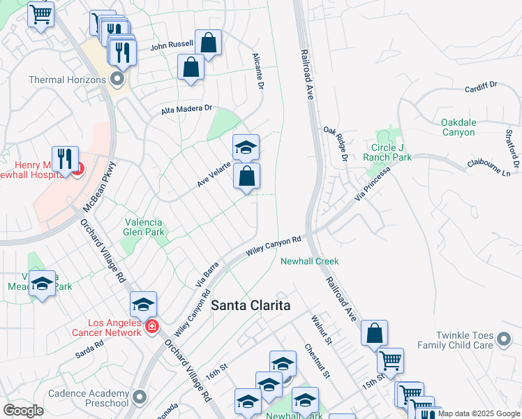 map of restaurants, bars, coffee shops, grocery stores, and more near 25350 Vía Dona Christa in Santa Clarita