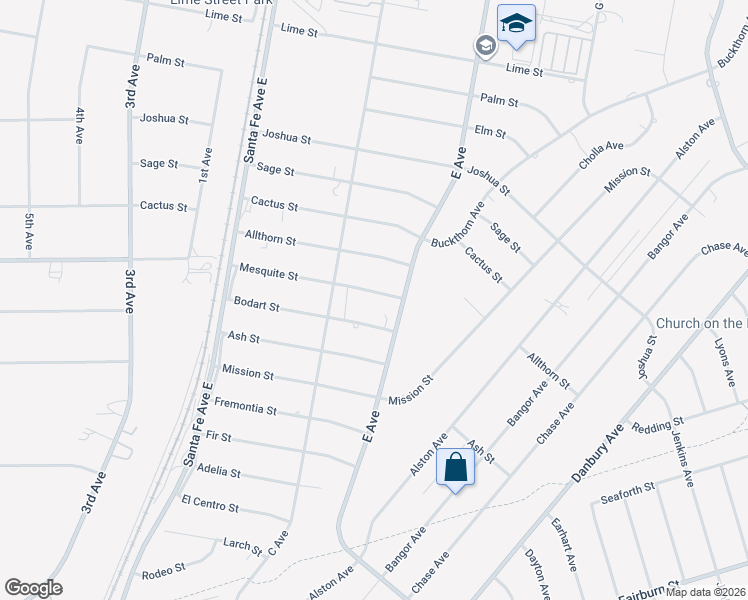 map of restaurants, bars, coffee shops, grocery stores, and more near 16637 Mesquite Street in Hesperia
