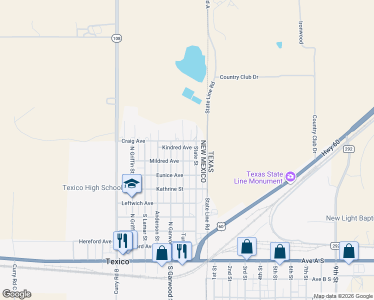 map of restaurants, bars, coffee shops, grocery stores, and more near 821 Turner in Texico