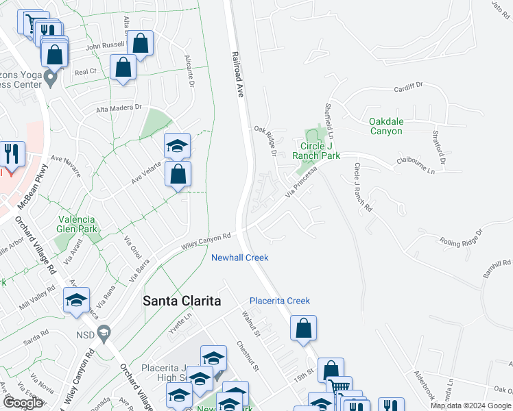 map of restaurants, bars, coffee shops, grocery stores, and more near 25410 Dry Creek Court in Santa Clarita