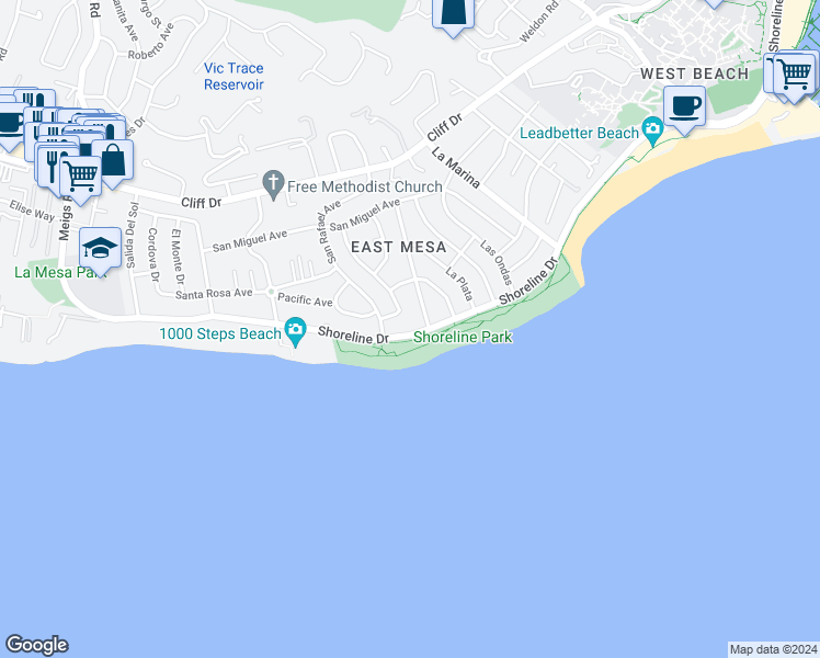 map of restaurants, bars, coffee shops, grocery stores, and more near 1316 Shoreline Drive in Santa Barbara