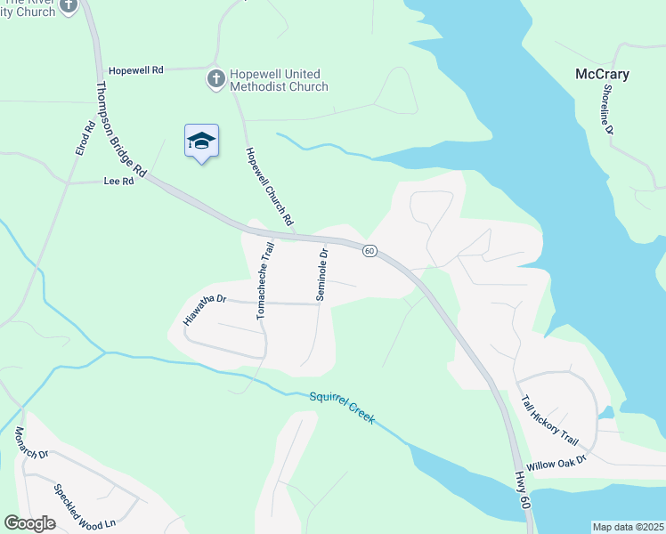 map of restaurants, bars, coffee shops, grocery stores, and more near 4445 Thompson Bridge Road in Gainesville