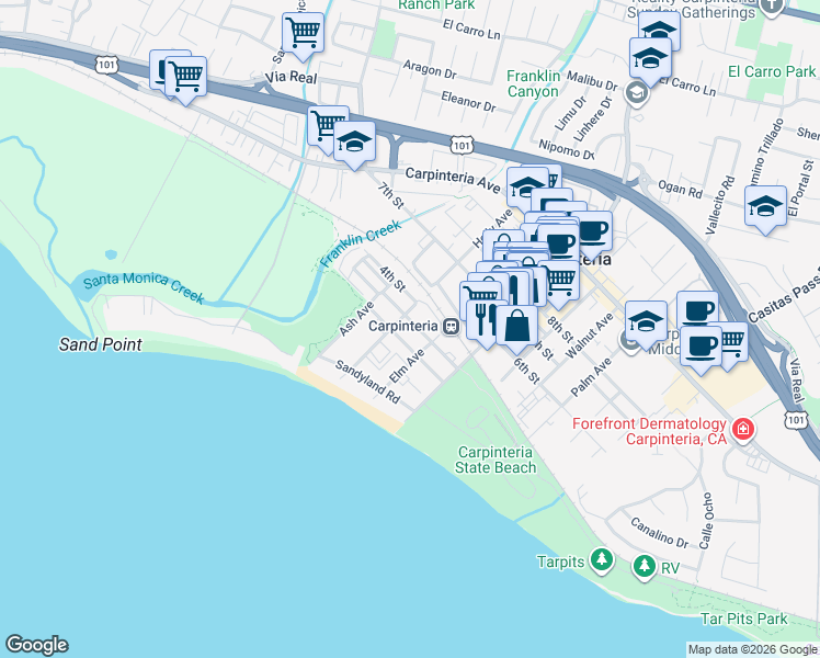 map of restaurants, bars, coffee shops, grocery stores, and more near 4855 Dorrance Way in Carpinteria