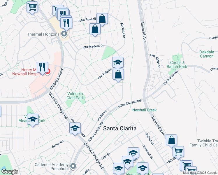map of restaurants, bars, coffee shops, grocery stores, and more near 25402 Vía Jardin in Santa Clarita