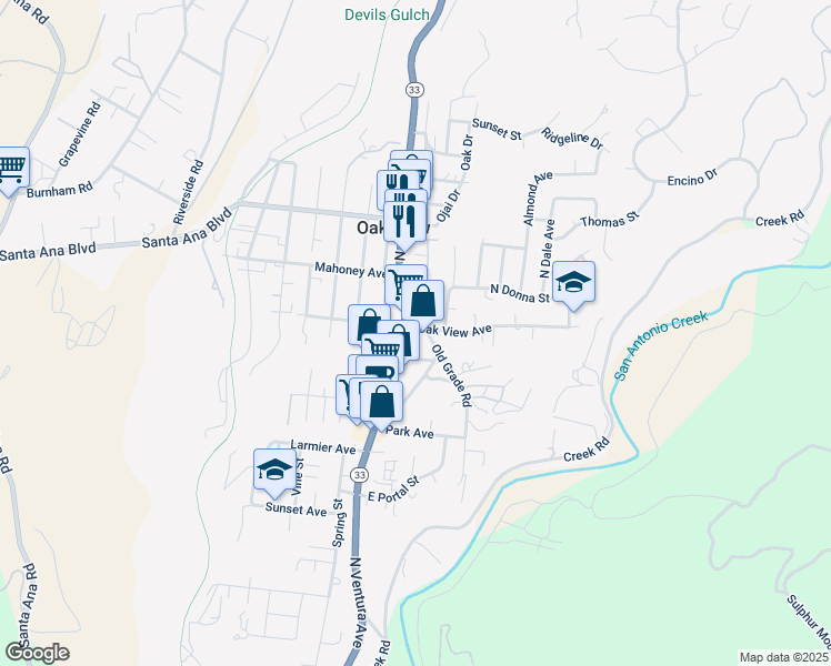 map of restaurants, bars, coffee shops, grocery stores, and more near 690 North Ventura Avenue in Oak View