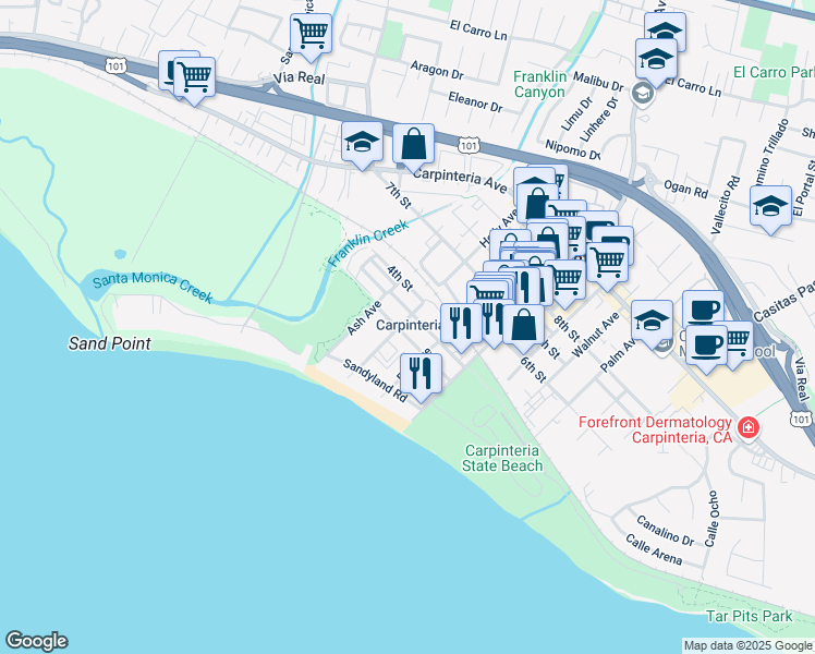 map of restaurants, bars, coffee shops, grocery stores, and more near 4855 Dorrance Way in Carpinteria