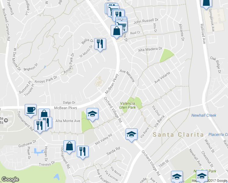 map of restaurants, bars, coffee shops, grocery stores, and more near 23850 Vía Jacara in Santa Clarita