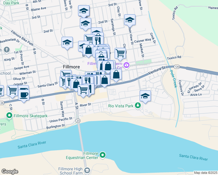 map of restaurants, bars, coffee shops, grocery stores, and more near 460 West Telegraph Road in Fillmore