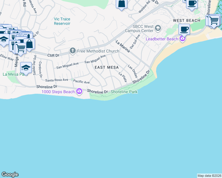 map of restaurants, bars, coffee shops, grocery stores, and more near 1312 Shoreline Drive in Santa Barbara