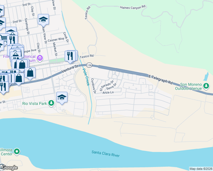 map of restaurants, bars, coffee shops, grocery stores, and more near 250 East Telegraph Road in Fillmore