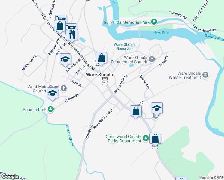 map of restaurants, bars, coffee shops, grocery stores, and more near 18 South Greenwood Avenue in Ware Shoals