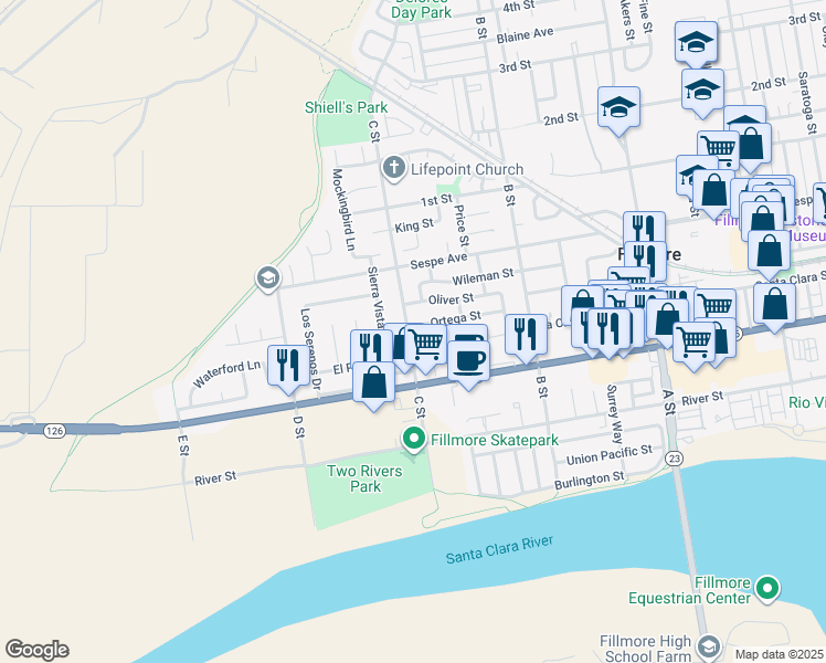 map of restaurants, bars, coffee shops, grocery stores, and more near 1062 Ortega Street in Fillmore