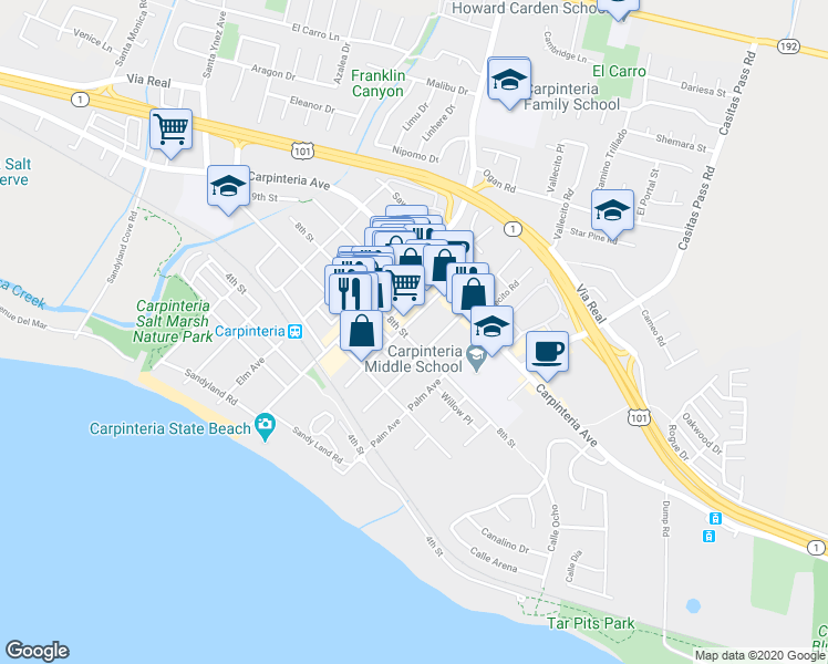 map of restaurants, bars, coffee shops, grocery stores, and more near 800 Maple Avenue in Carpinteria